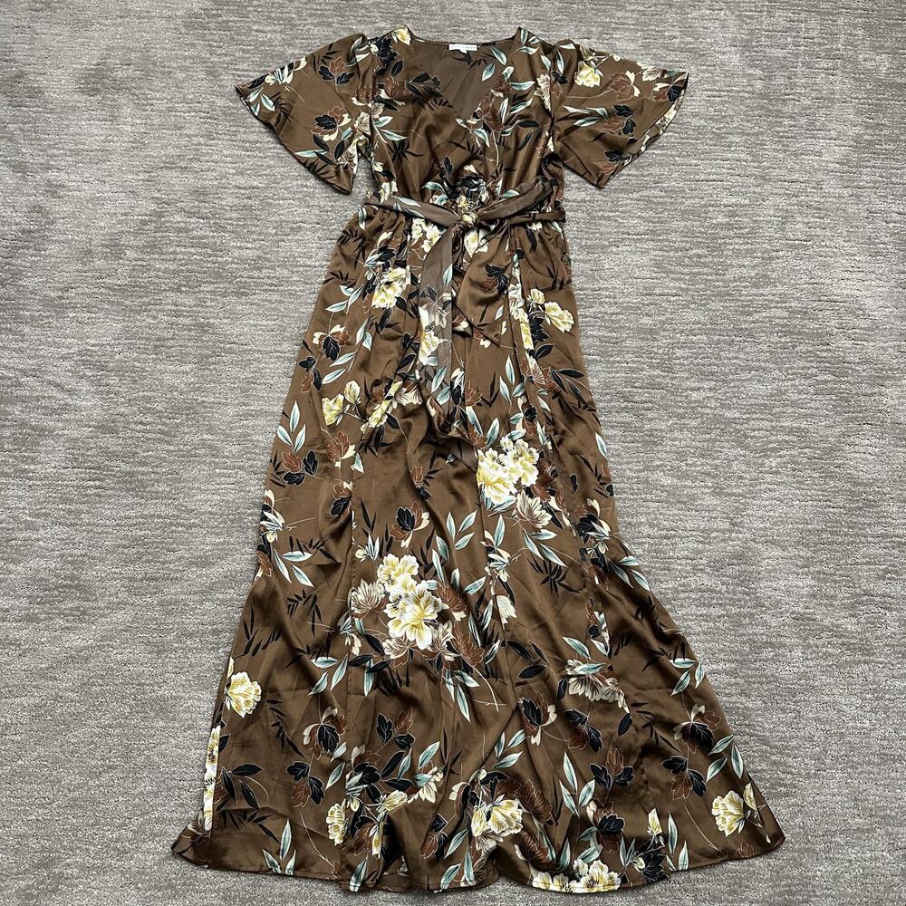 Baltic Born Dress Womens Large Brown Floral Satin Sicily Maxi Side Slits Belted